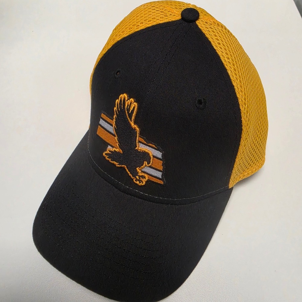 RARE New Era 39THIRTY Swarm The 402 Hawk Hat Black Yellow Mesh Stretch Fit L/XL